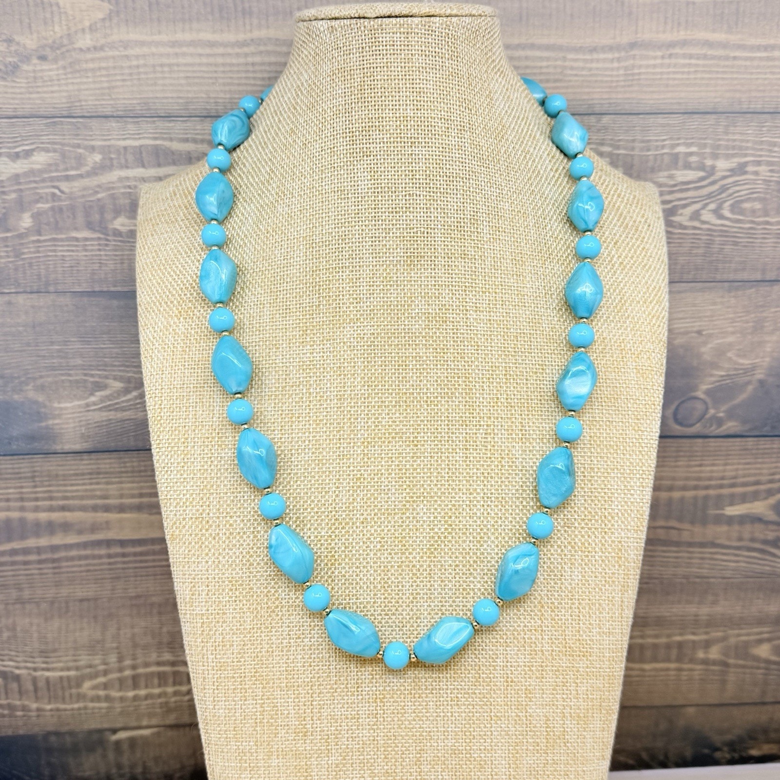Vintage Trifari Lucite Marbled Turquoise Color Blue Bead 25 Inch Necklace